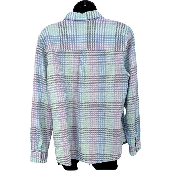 L.L. Bean Check Plaid Women Button Up Shirt L Vacation Seersucker Coastal Retro - Picture 2 of 12